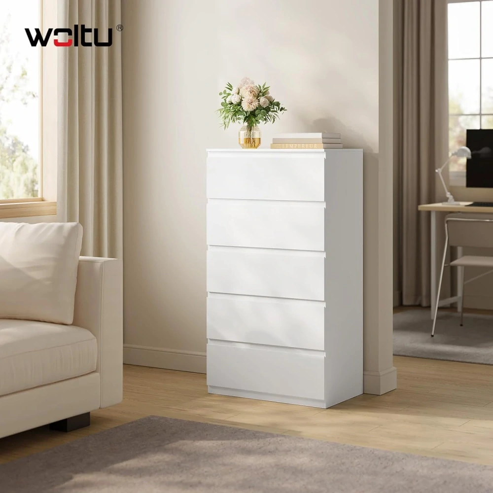 WOLTU Komoda do ložnice, úložný prostor s 5 zásuvkami, bílá 60x37x110 cm