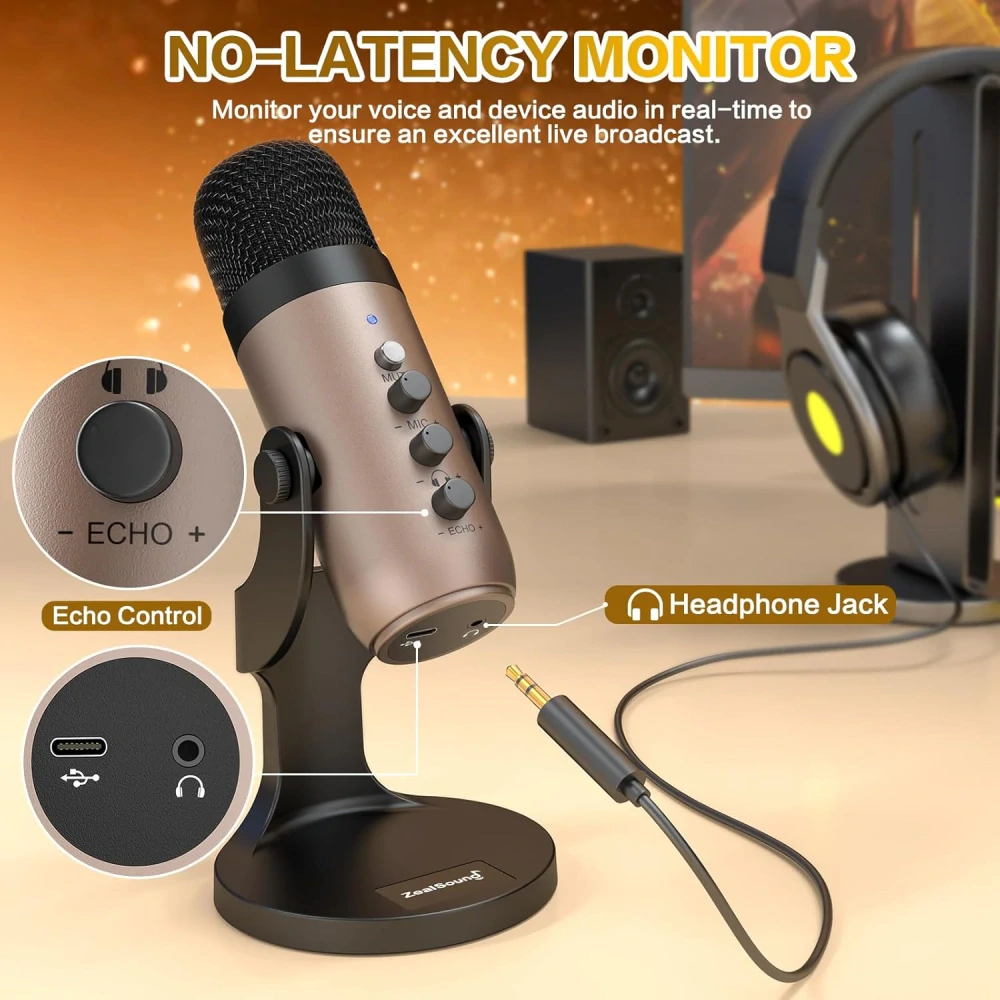 Kondenzátorový USB mikrofon pro PC, iPhone, PS5, telefon, notebook, s redukcí šumu/ztlumením/ziskem
