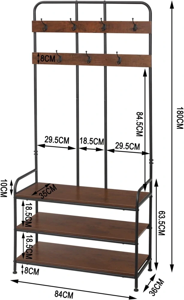 WOLTU SRY31dc průmyslový věšák na kabáty s věšákem na boty a háčky, úložný stojan na bundu