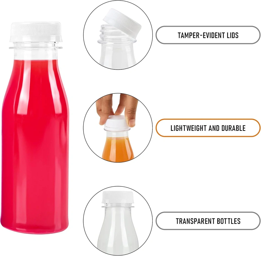 BELLE VOUS 20 balení 250 ml/8,5 oz plastové láhve na džus s bílým víčkem s viditelným poškozením