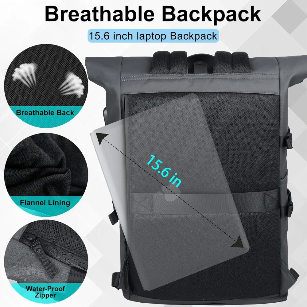 hk Rolltop voděodolný velký batoh na notebook, 27 litrů pro muže a ženy, 15,6" s USB portem