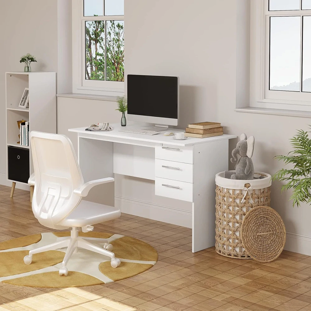 WOLTU stůl se 3 zásuvkami, 120x60x75cm, bílý, počítačový stůl s úložným prostorem