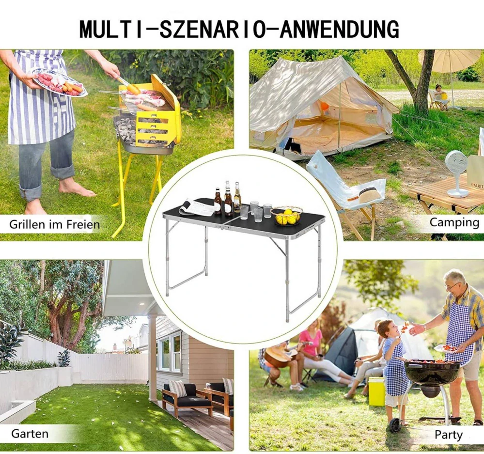 WOLTU Camping Table Skládací stůl Zahradní stůl Výška nastavitelná černá