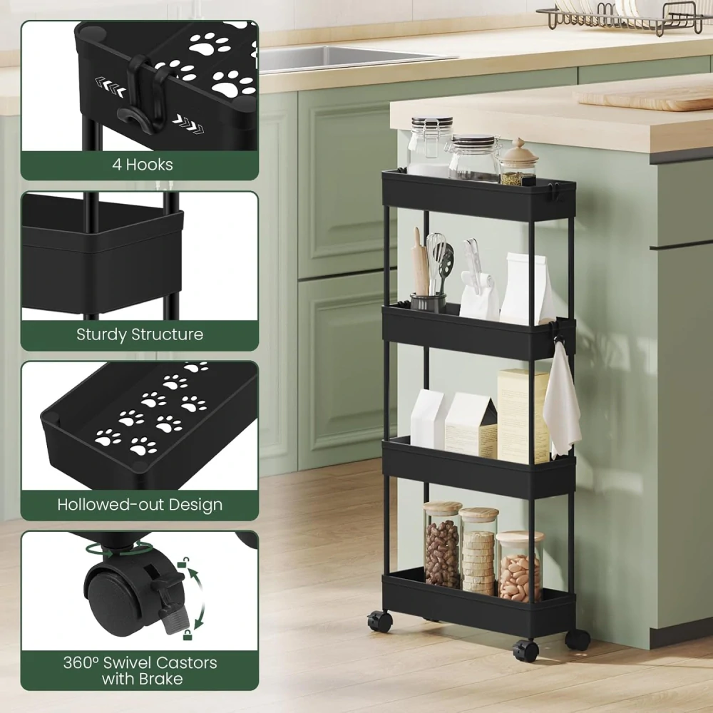 Servírovací vozík Klihome, 4 patra, úzký kuchyňský vozík s kolečky