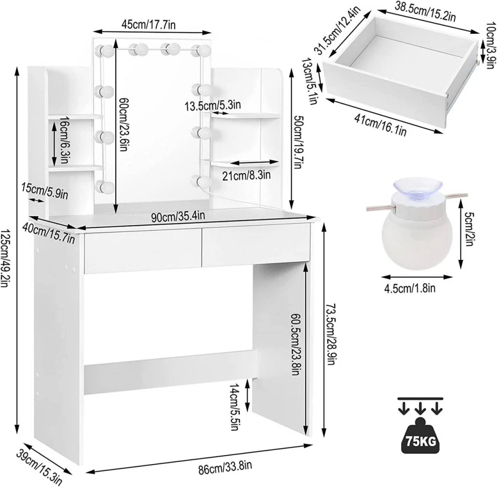 WOLTU Toaletní stolek, Toaletní stolek s LED osvětlením, Toaletní stolek se zrcadlem