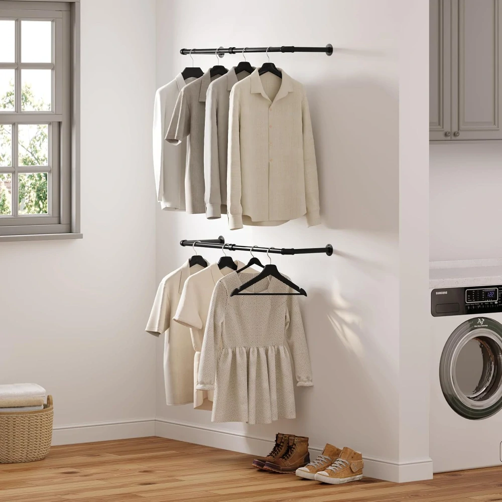 eSituro šatní tyč, sada 2 kusů, průmyslový design, nástěnná, černý kov, 100 cm,