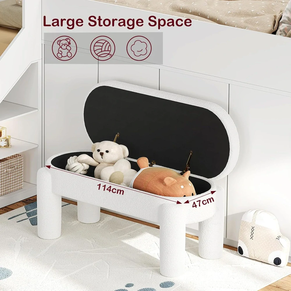 Lavička s úložným prostorem, Čalouněná lavice z Teddy Fabric, 114 x 53 x 47 cm