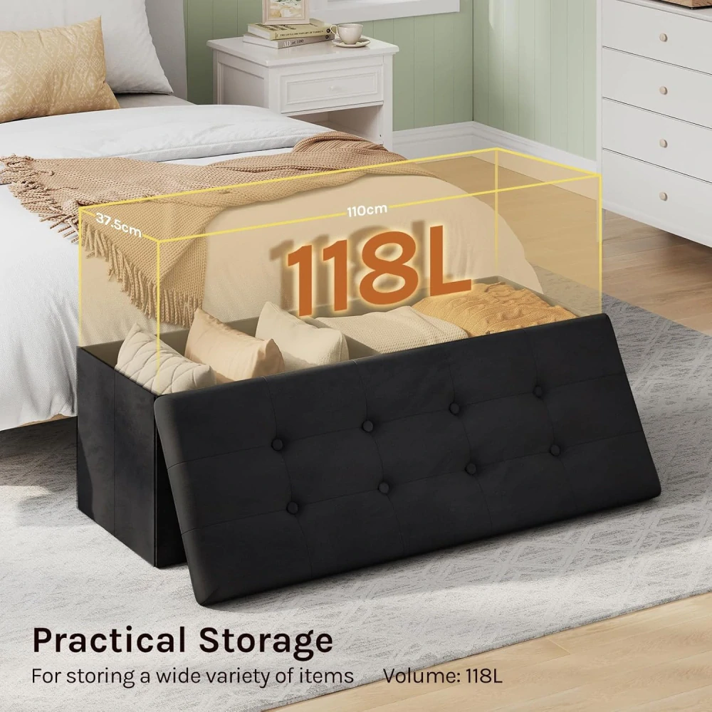 WOLTU SH73sz skládací úložná lavice velká kapacita 300 kg,110 x 37,5 x 38 cm, černá