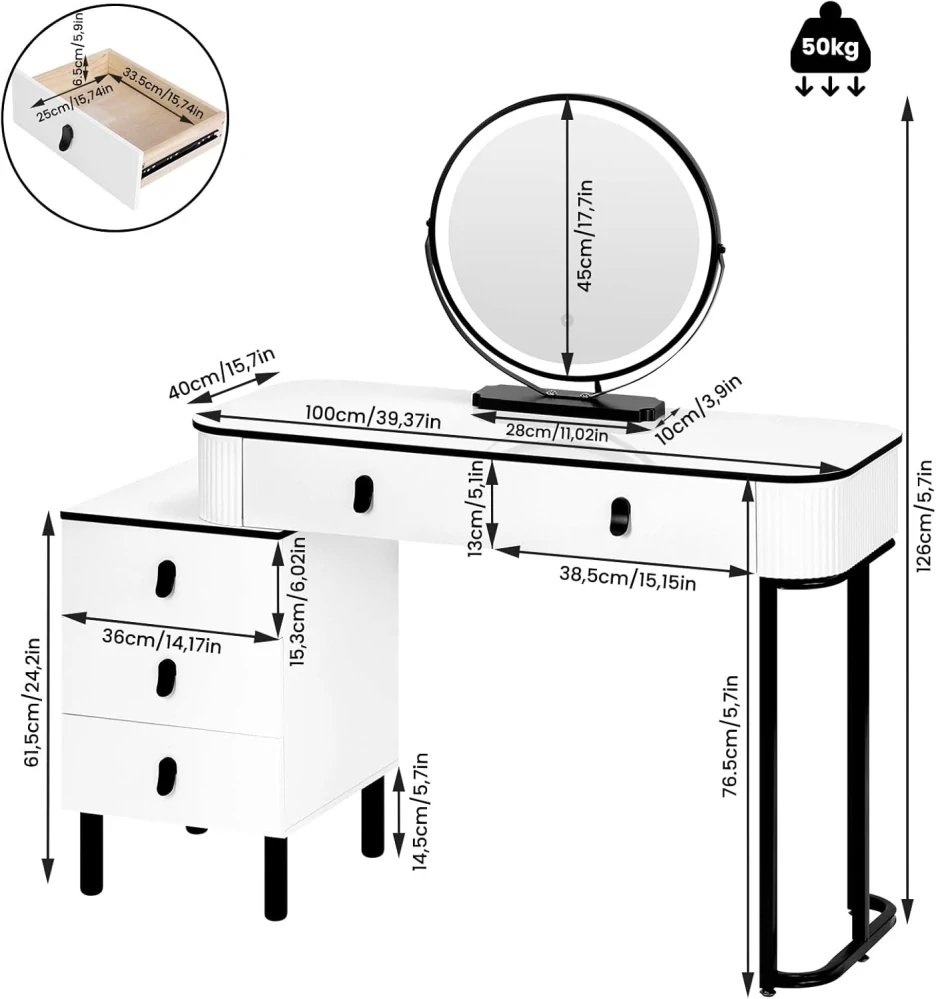 Toaletní stolek WOLTU se zrcadlem s LED osvětlením 100x40 cm