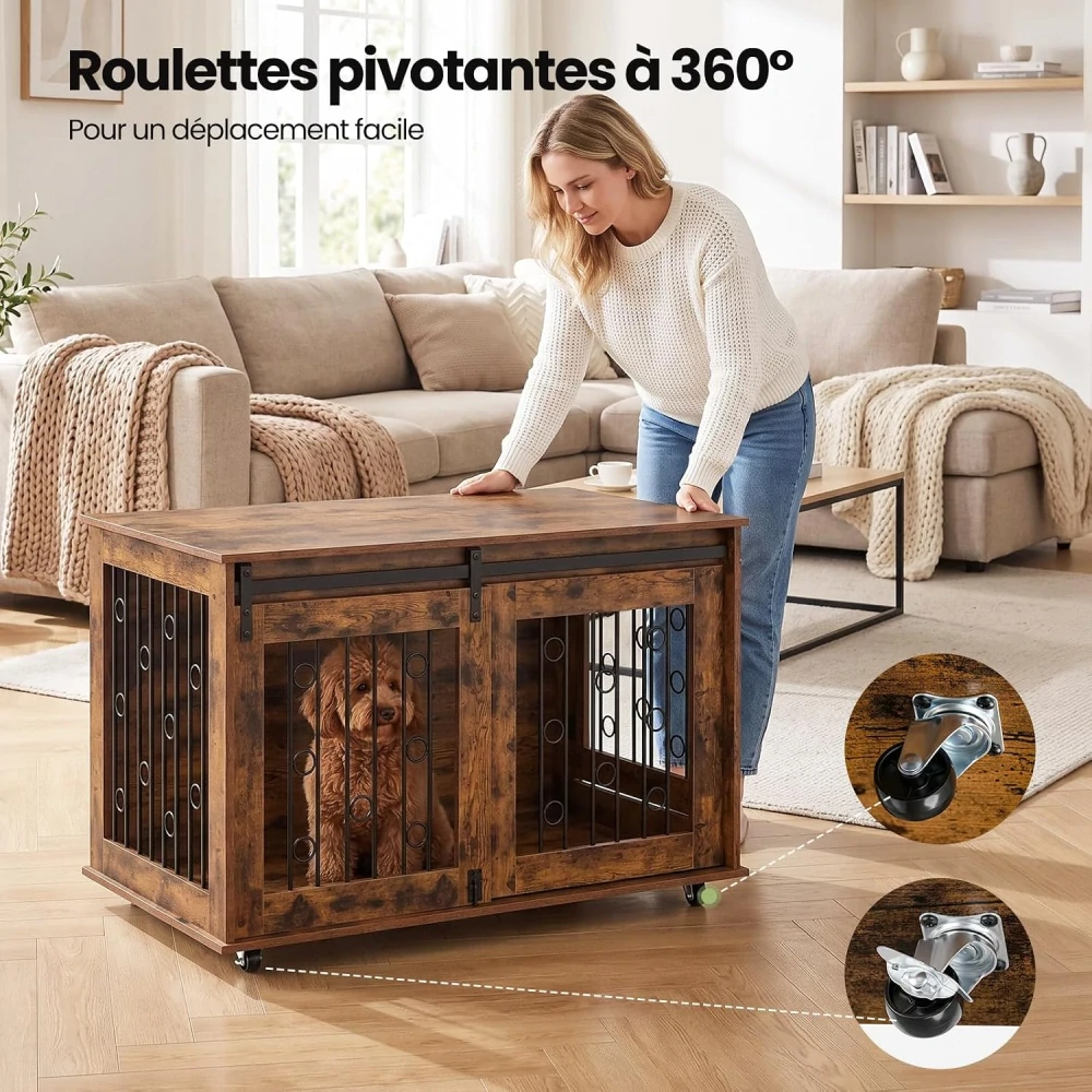 Psí klec EUGAD, Nábytková psí klec se 2 dvířky a 360° kolečky, Moderní, Středně velcí psi do 60 kg