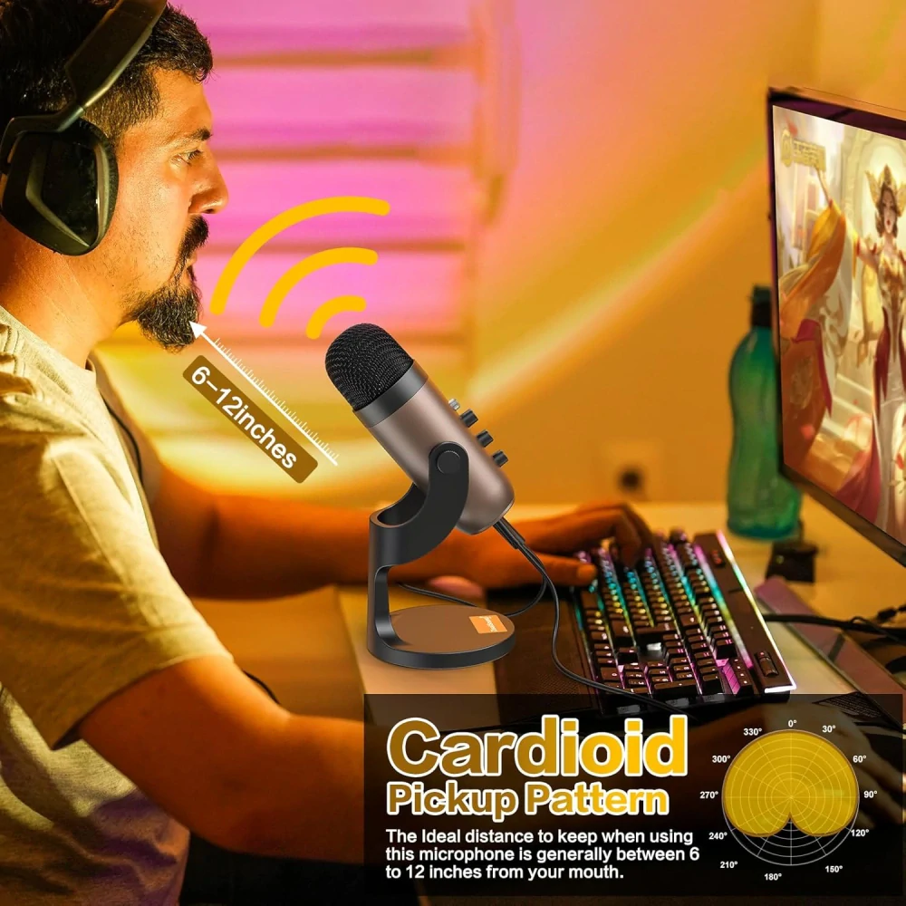 Kondenzátorový USB mikrofon pro PC, iPhone, PS5, telefon, notebook, s redukcí šumu/ztlumením/ziskem