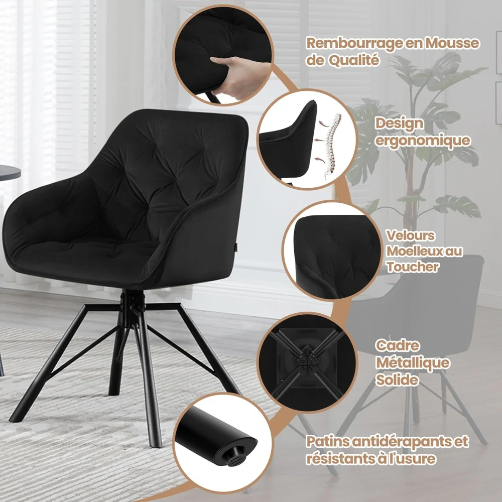 WOLTU jídelní židle EZS60sz, sametová otočná židle, černá, s kovovými nohami, ergonomická, 360° otočení