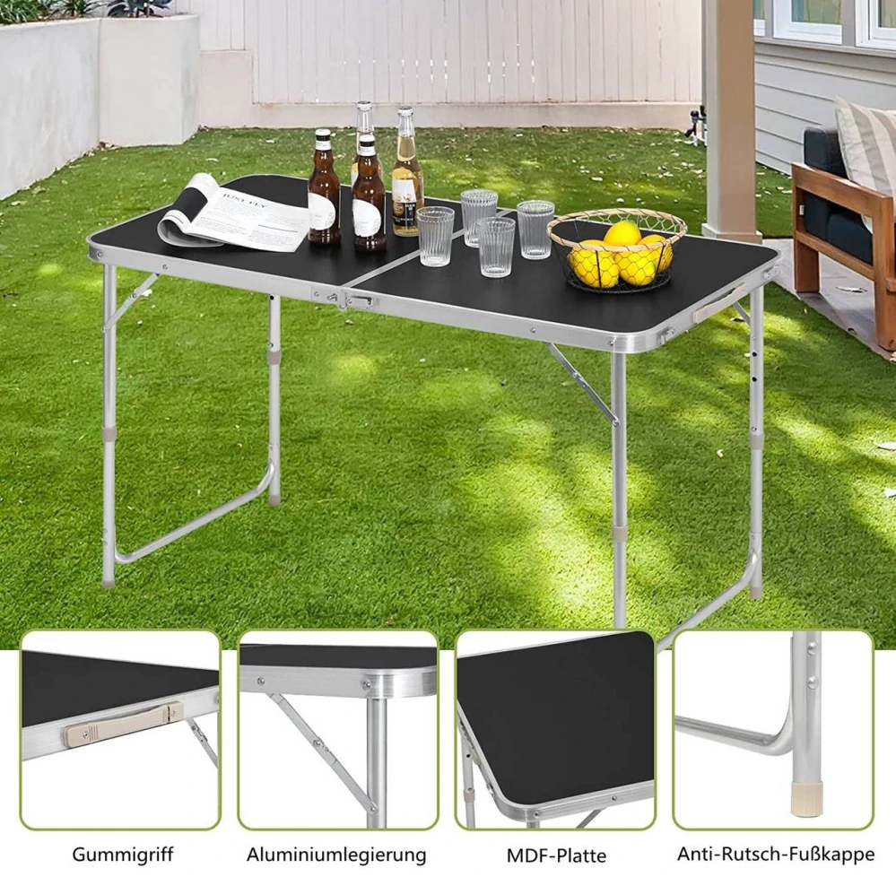 WOLTU Camping Table Skládací stůl Zahradní stůl Výška nastavitelná černá