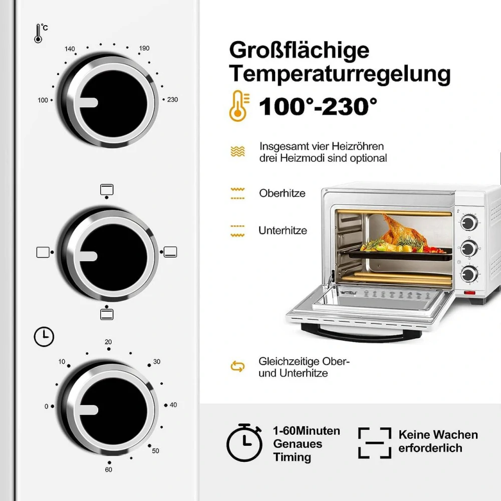 WOLTU mini trouba 28L, 1600W, 100-230°C, časovač 0-60 min, 3 režimy ohřevu bílá
