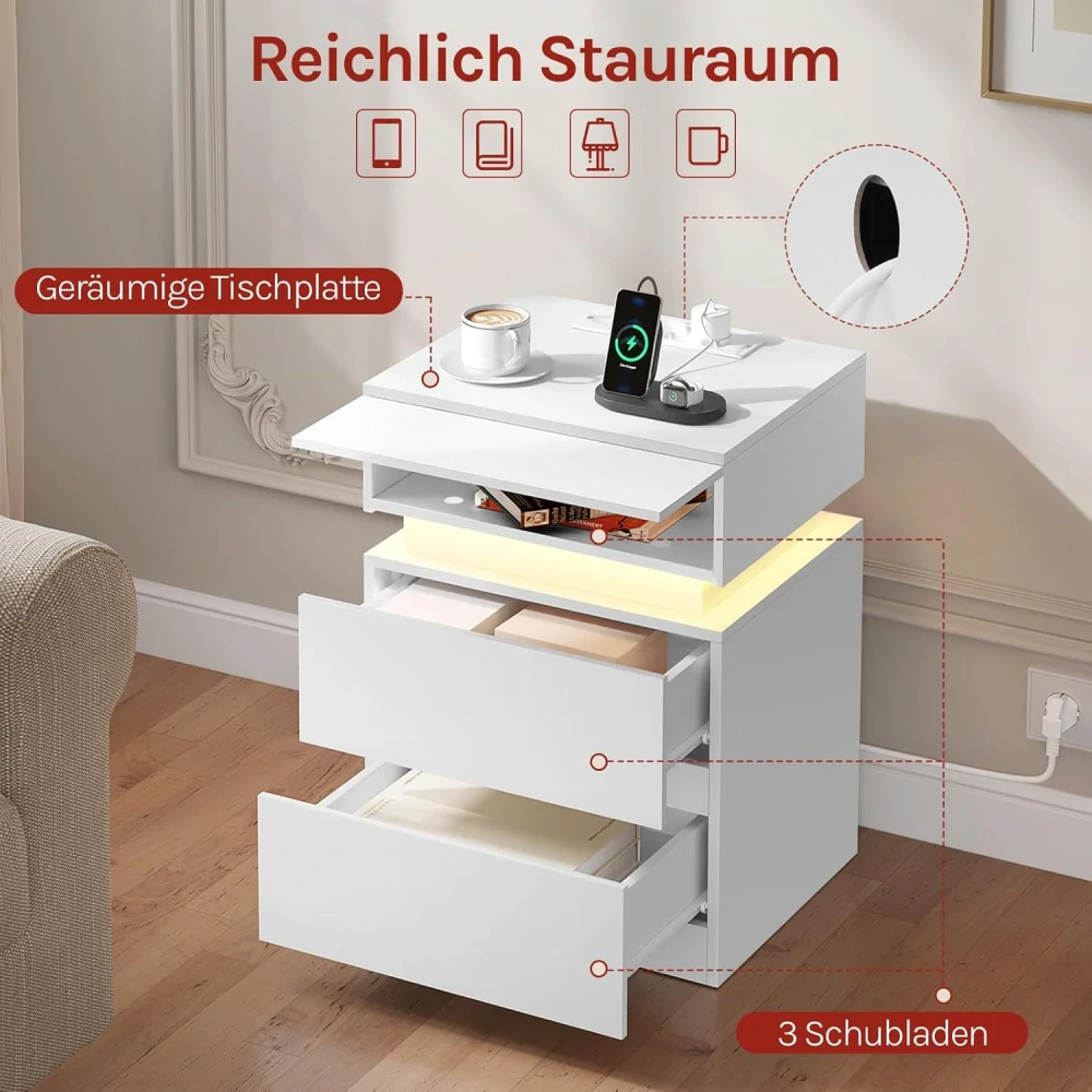 Noční stolek WOLTU se zásuvkou, s LED osvětlením, bílý