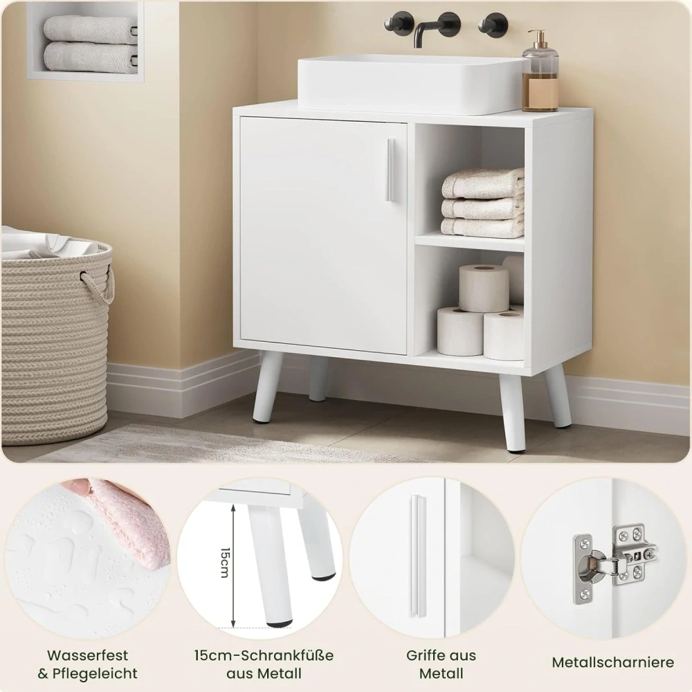 EUGAD Umyvadlová skříňka s dvířky, Bílá, 60 x 30 x 60 cm