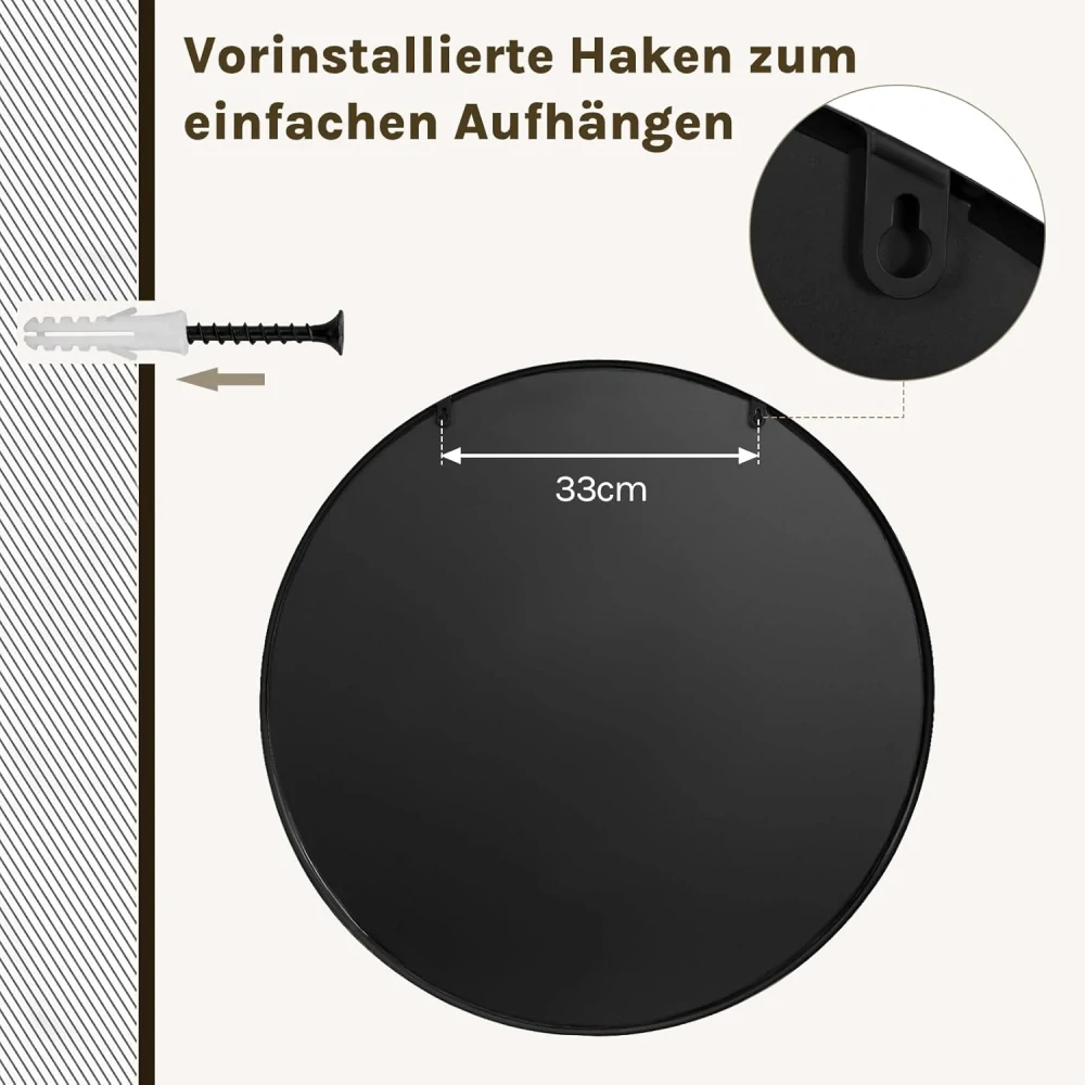 Kulaté zrcadlo WOLTU s černým rámem, kulaté nástěnné zrcadlo φ 71 cm