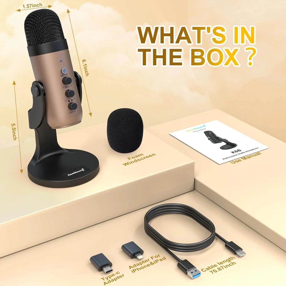 Kondenzátorový USB mikrofon pro PC, iPhone, PS5, telefon, notebook, s redukcí šumu/ztlumením/ziskem