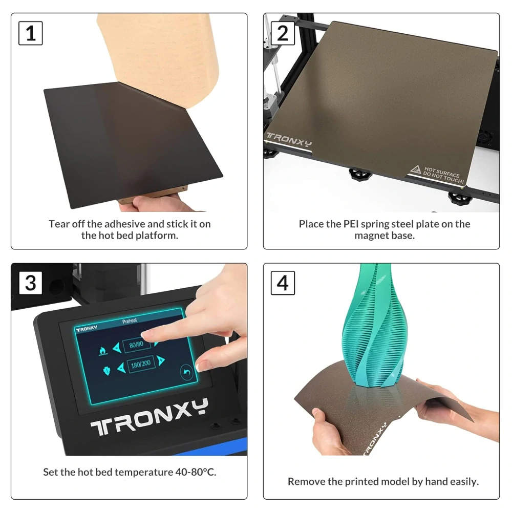 TRONXY PEI deska na sestavení plechu, flexibilní magnetické povrchy PEI pro vyhřívané lože 3D tiskárny 330x330 mm