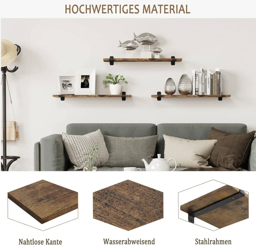 EUGAD Sada 3 plovoucích nástěnných polic Dřevo 60x7x20cm 