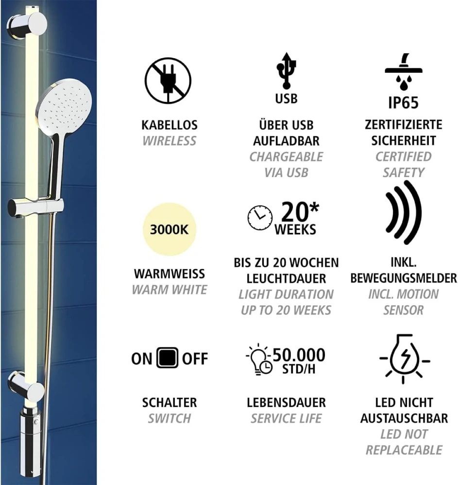 Sprchová tyč LED, 94 cm, sprchová hlavice a sprchová hadice, WENKO