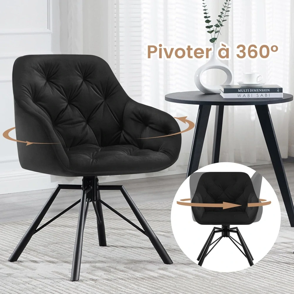 WOLTU jídelní židle EZS60sz, sametová otočná židle, černá, s kovovými nohami, ergonomická, 360° otočení