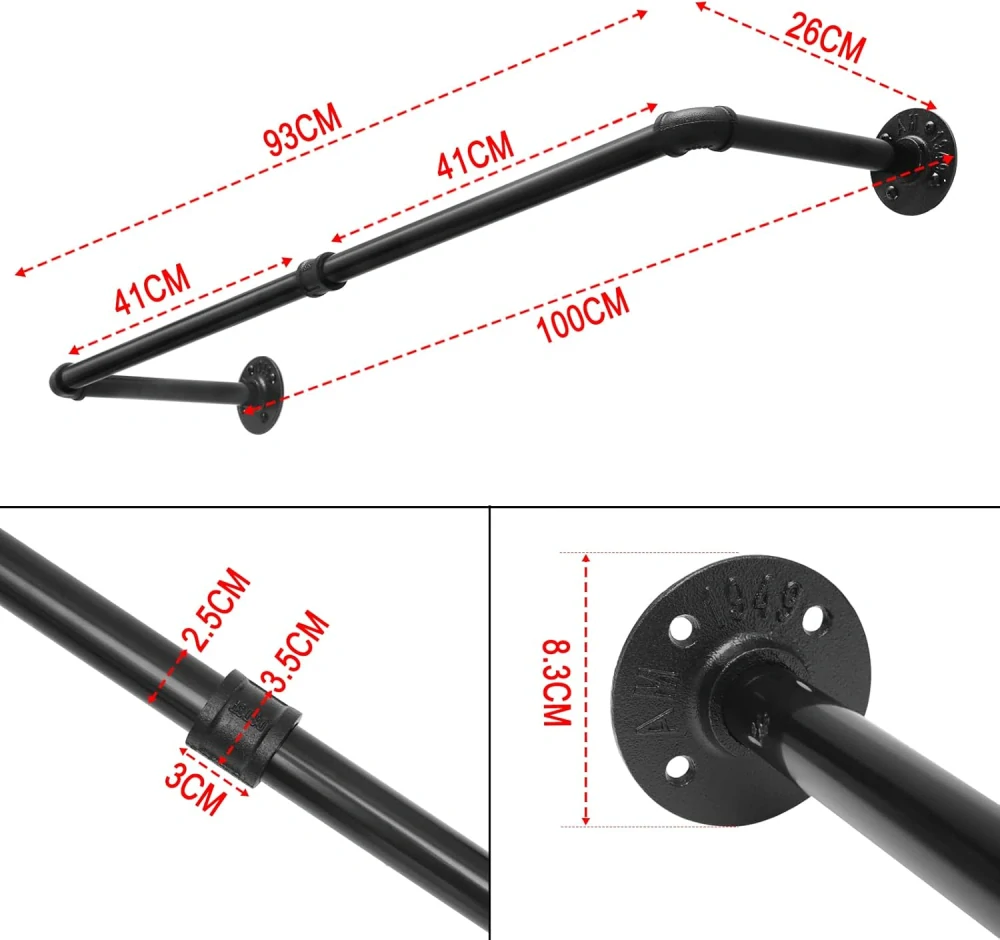 eSituro šatní tyč, sada 2 kusů, průmyslový design, nástěnná, černý kov, 100 cm,