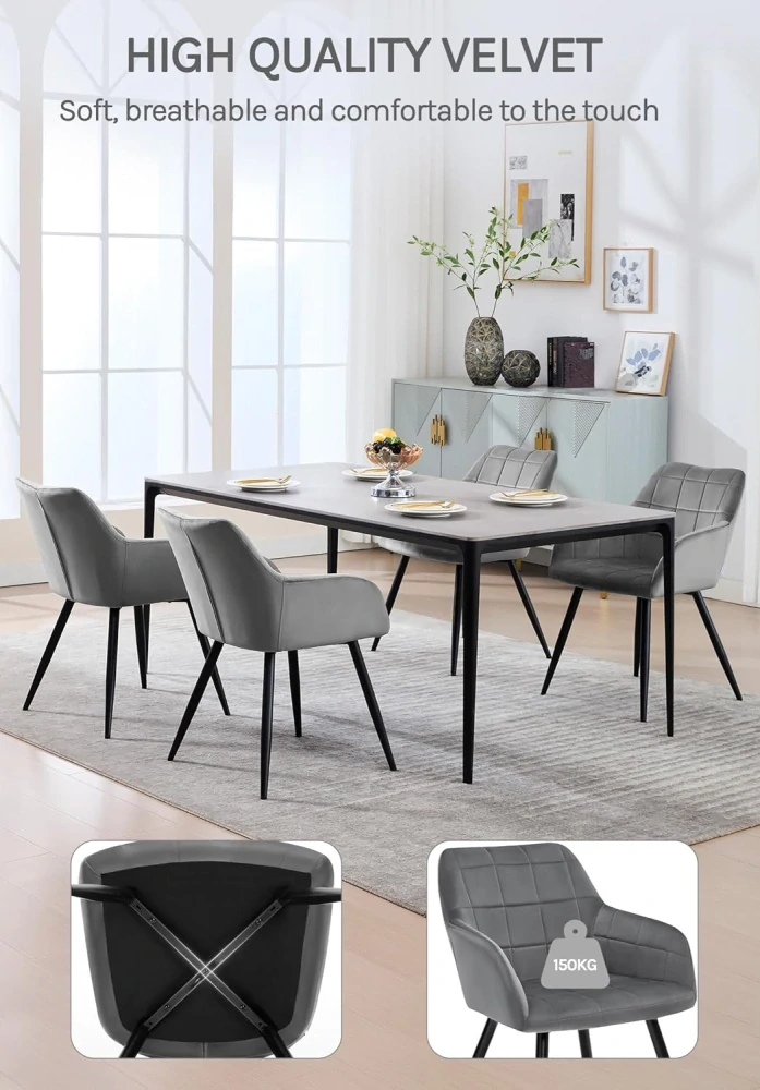 sametově polstrovaná kuchyňská jídelní židle s kovovými nohami, tmavě šedá