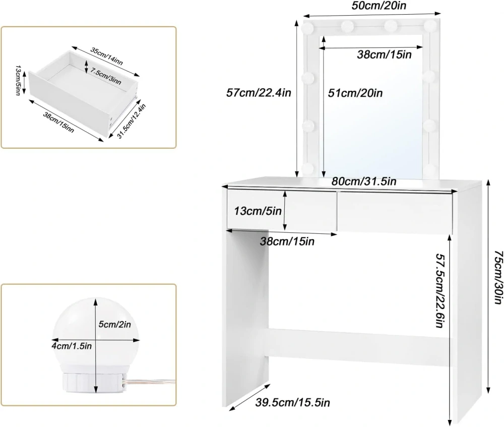Toaletní stolek WOLTU s LED osvětlením a zrcadlem 80x39,5x132,5 cm