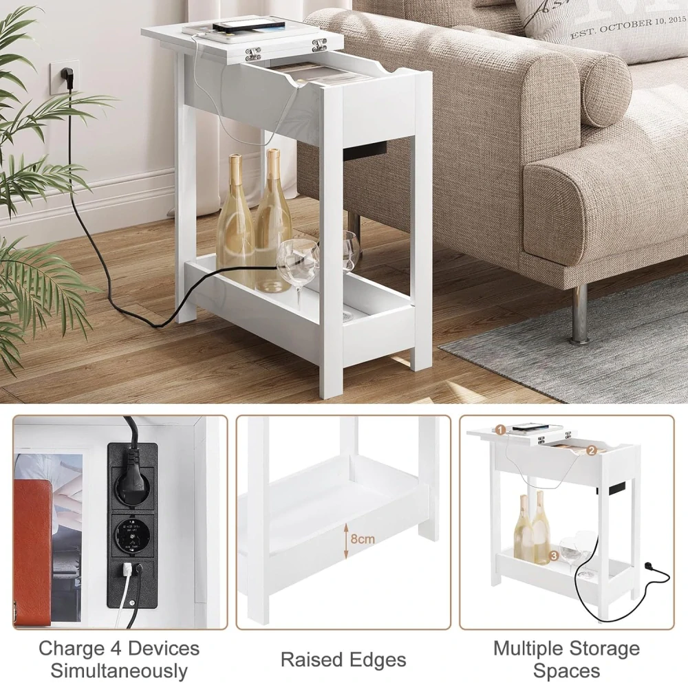 EUGAD 0001CHJ Odkládací stolek s nabíjecí stanicí, noční stolek se zástrčkou