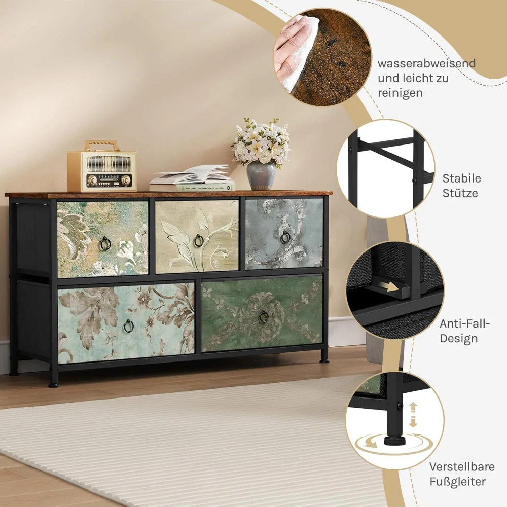 WOLTU SSK005pw Látková komoda s 5 zásuvkami, TV komoda do obývacího pokoje, ložnice, chodby
