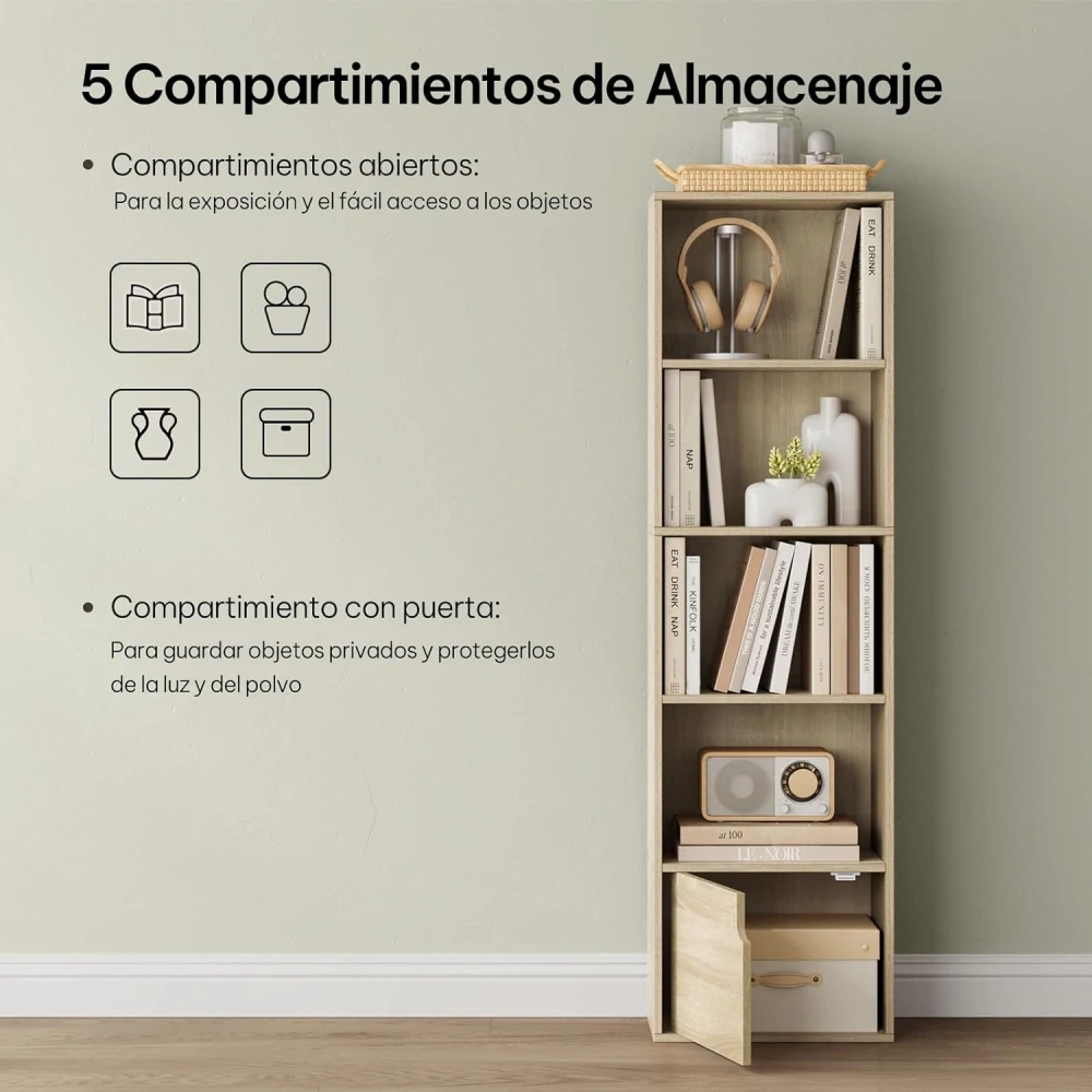 dřevěná knihovna s dvířky do obývacího pokoje, ložnice, kuchyně, kanceláře, vyrobeno z MDF, světlý dub, 34x24x132 cm