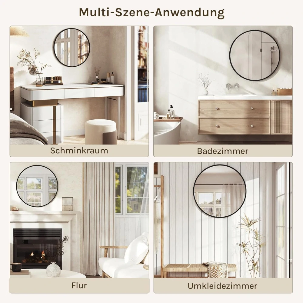 Kulaté zrcadlo WOLTU s černým rámem, kulaté nástěnné zrcadlo φ 71 cm