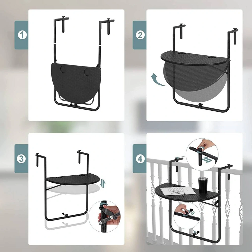 Závěsný balkonový stůl WOLTU, skládací balkonový stůl, 3 výšky, černý