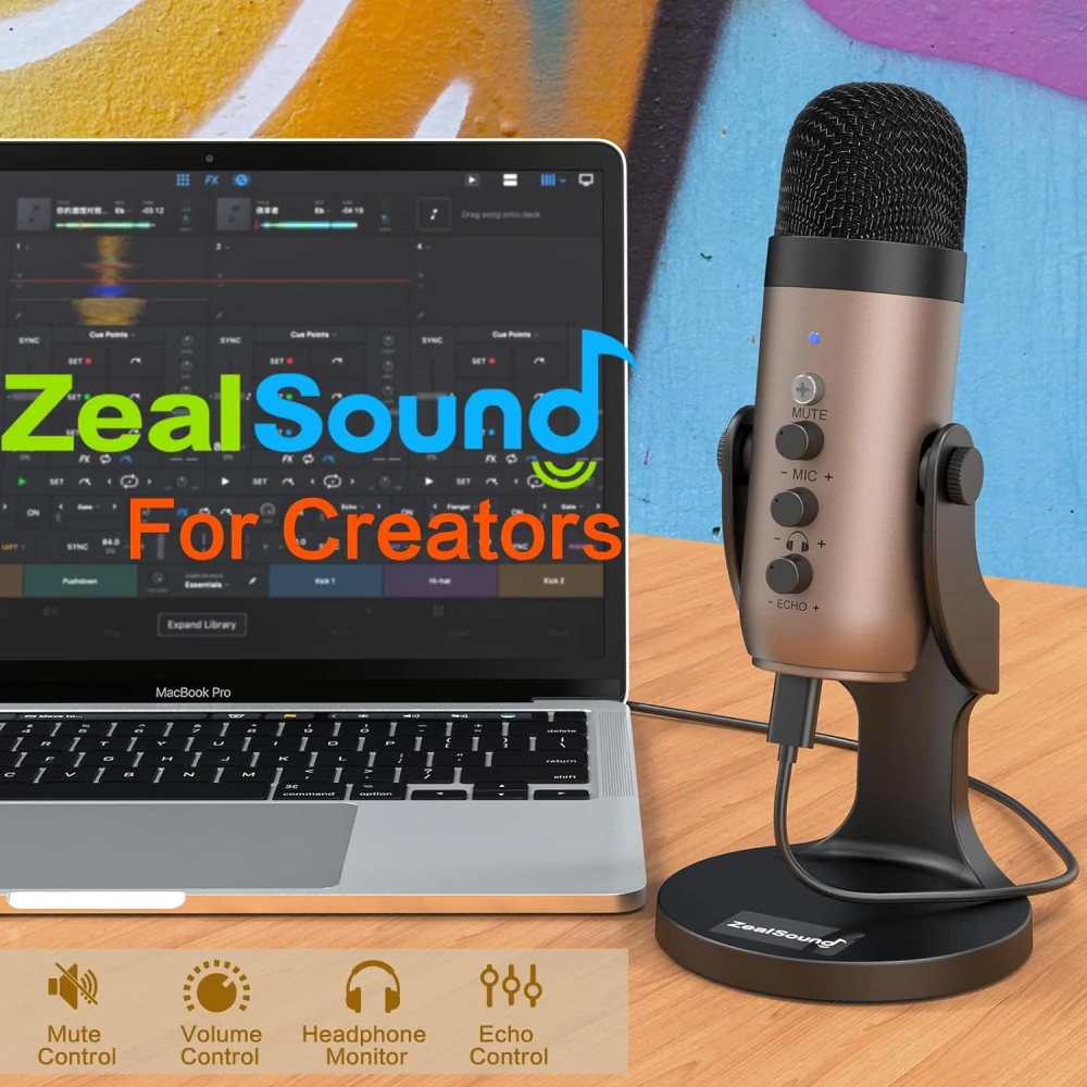 Kondenzátorový USB mikrofon pro PC, iPhone, PS5, telefon, notebook, s redukcí šumu/ztlumením/ziskem