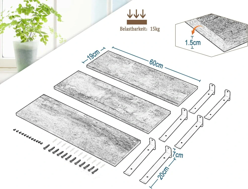EUGAD Sada 3 plovoucích nástěnných polic Dřevo 60x7x20cm 