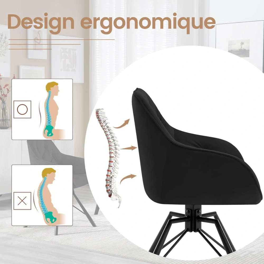 WOLTU jídelní židle EZS60sz, sametová otočná židle, černá, s kovovými nohami, ergonomická, 360° otočení