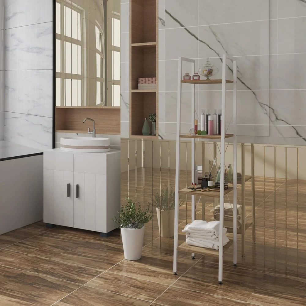 WOLTU RGB9284whe Úložná police bílá+světlý dub 34x35x148cm