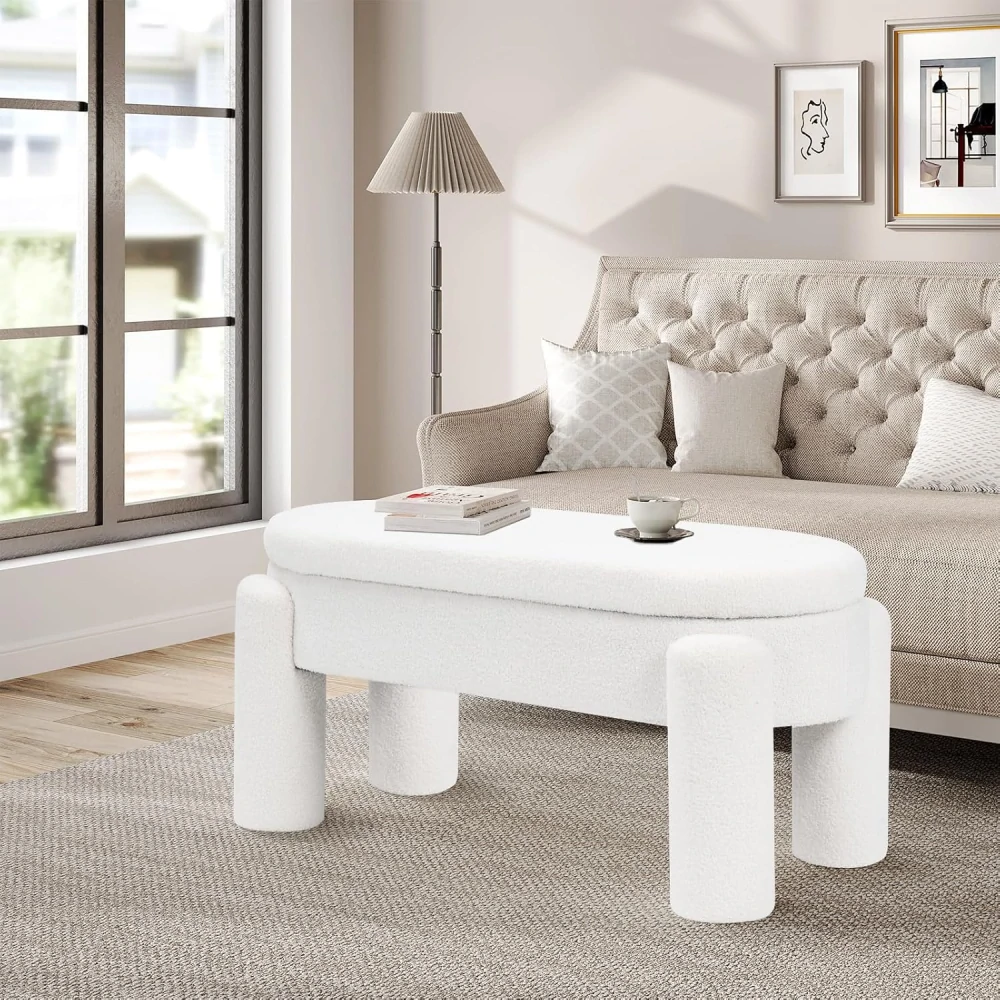 Lavička s úložným prostorem, Čalouněná lavice z Teddy Fabric, 114 x 53 x 47 cm