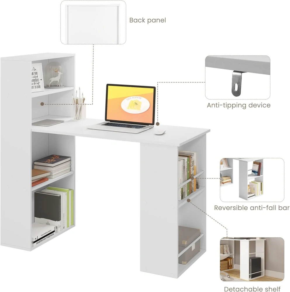 eSituro 120 cm psací stůl s policemi, bílý, 122 x 55 x 120 cm