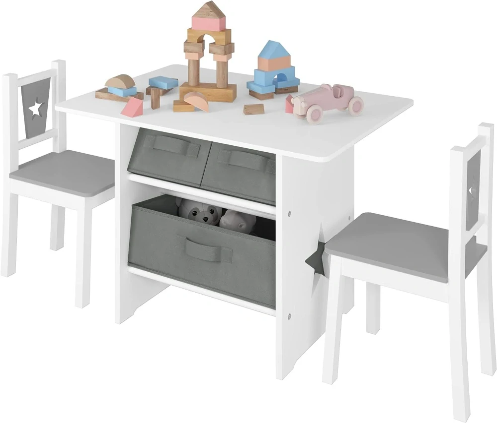 WOLTU Dětský stůl a 2 židle, Dětský stůl se 3 úložnými boxy