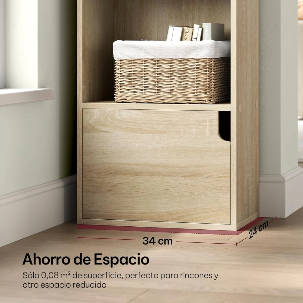 dřevěná knihovna s dvířky do obývacího pokoje, ložnice, kuchyně, kanceláře, vyrobeno z MDF, světlý dub, 34x24x132 cm