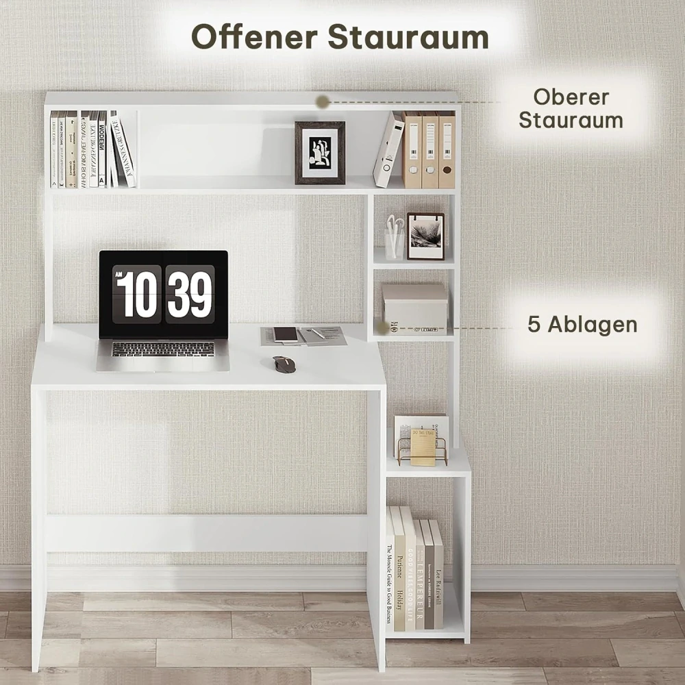 Stůl eSituro s 5 policemi, počítačový stůl, bílý, 113 x 45 x 139 cm